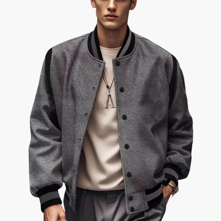 Men’s Bomber Jacket with Button Front and Contrast Sleeves