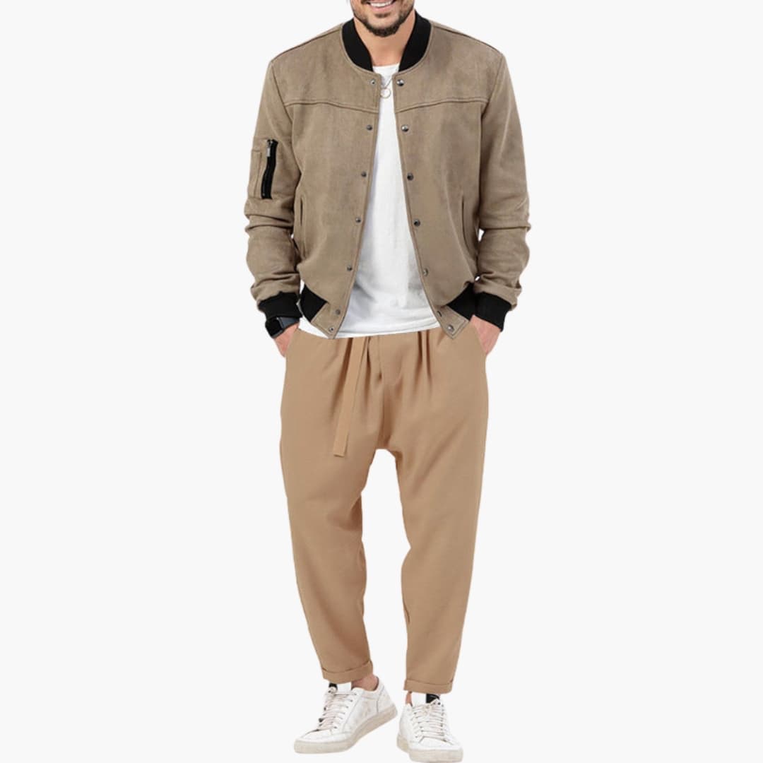 Men’s Bomber Jacket with Zip Front and Elastic Edges