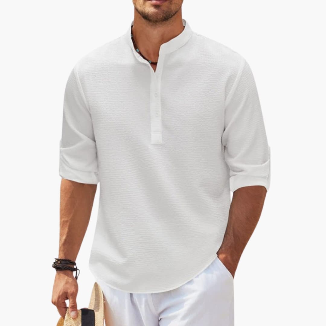 Men’s Henley Shirt with Button Placket and Rolled Sleeves