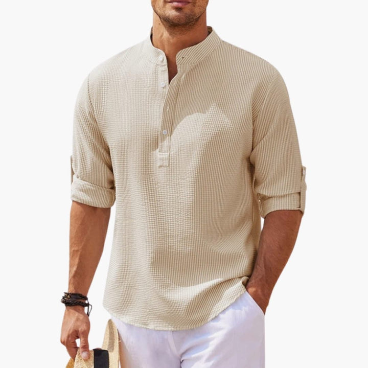 Men’s Henley Shirt with Button Placket and Rolled Sleeves