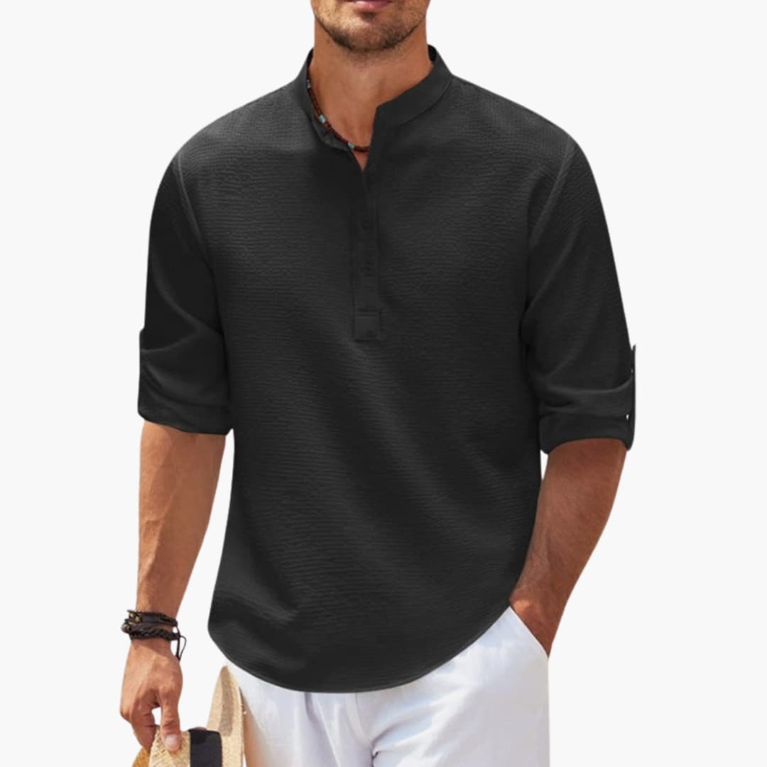 Men’s Henley Shirt with Button Placket and Rolled Sleeves