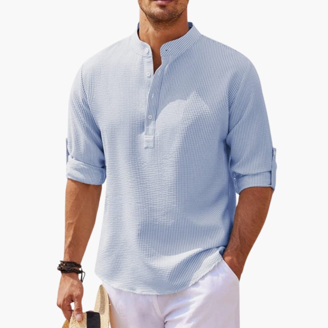 Men’s Henley Shirt with Button Placket and Rolled Sleeves