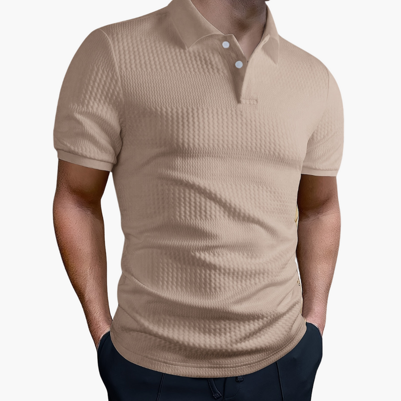 Men’s Short Sleeve Polo Shirt with Button Collar and Woven Finish