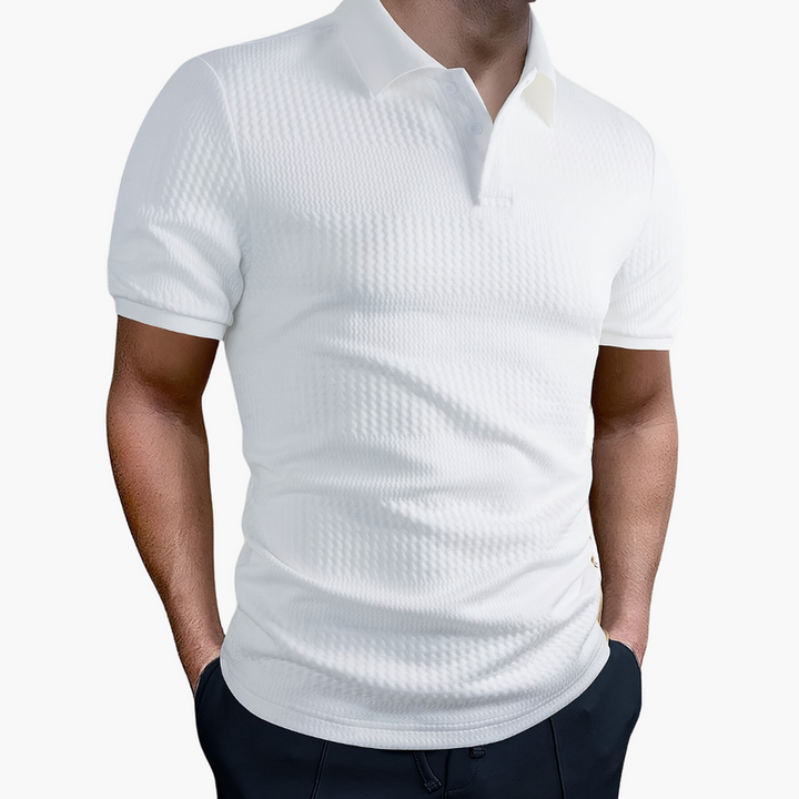 Men’s Short Sleeve Polo Shirt with Button Collar and Woven Finish