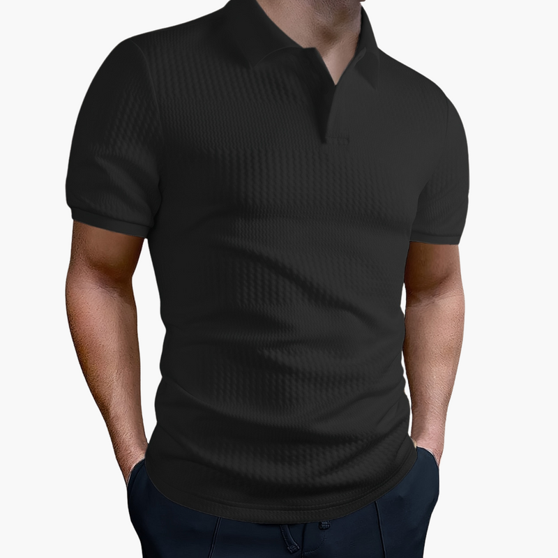 Men’s Short Sleeve Polo Shirt with Button Collar and Woven Finish