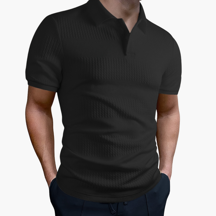 Men’s Short Sleeve Polo Shirt with Button Collar and Woven Finish