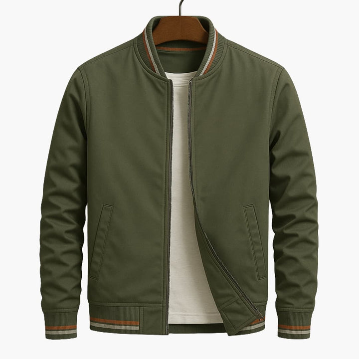 Men’s Striped Bomber Jacket with Front Zip-Ribbed Cuffs and Side Pockets