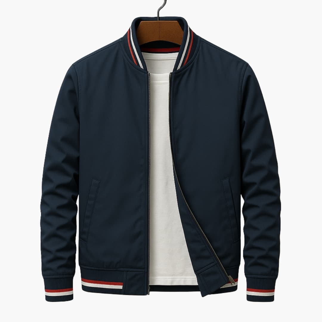 Men’s Striped Bomber Jacket with Front Zip-Ribbed Cuffs and Side Pockets