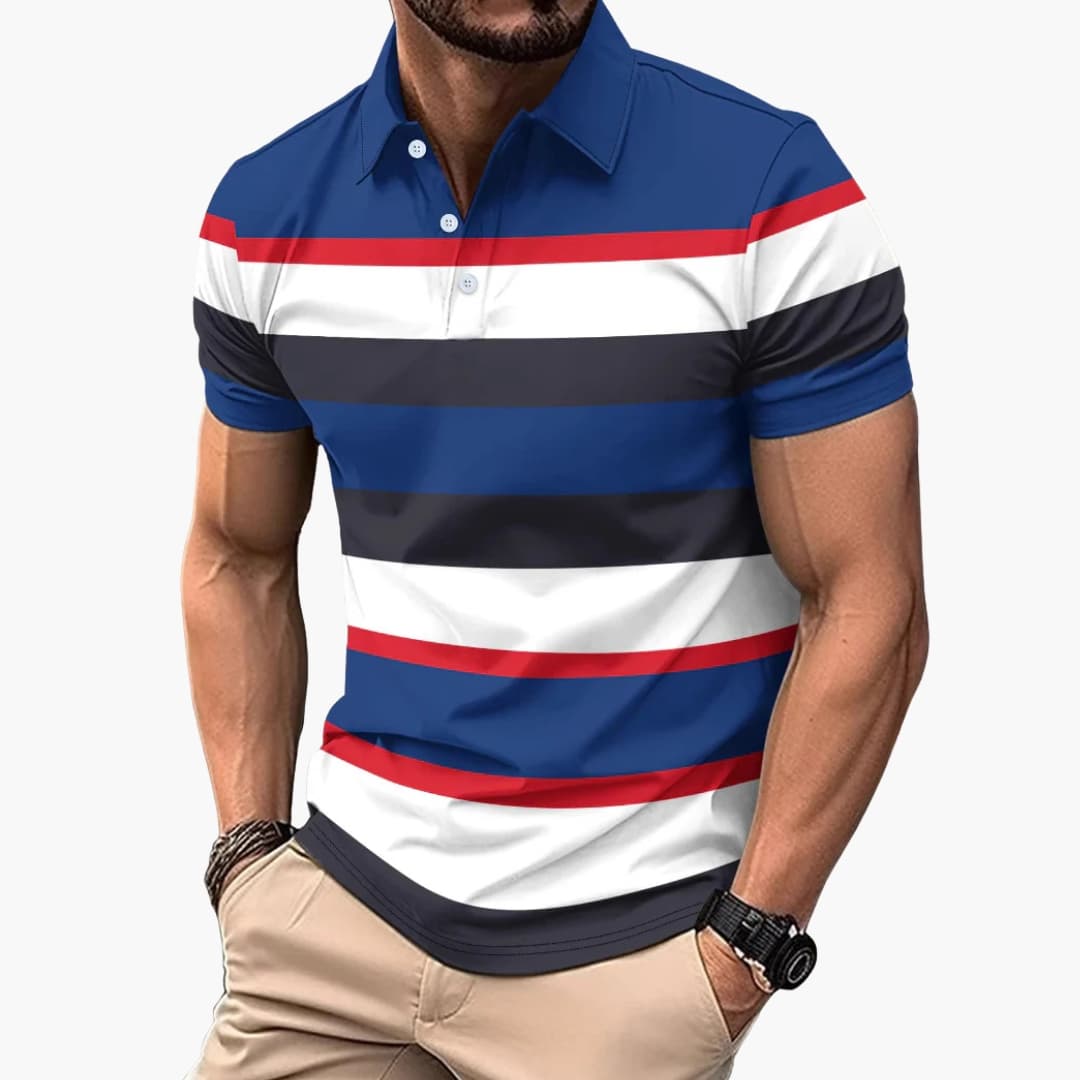 Men’s Striped V-Neck Polo T-Shirt with Button Placket