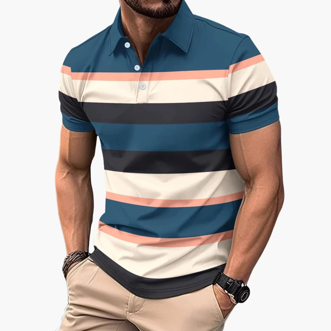 Men’s Striped V-Neck Polo T-Shirt with Button Placket